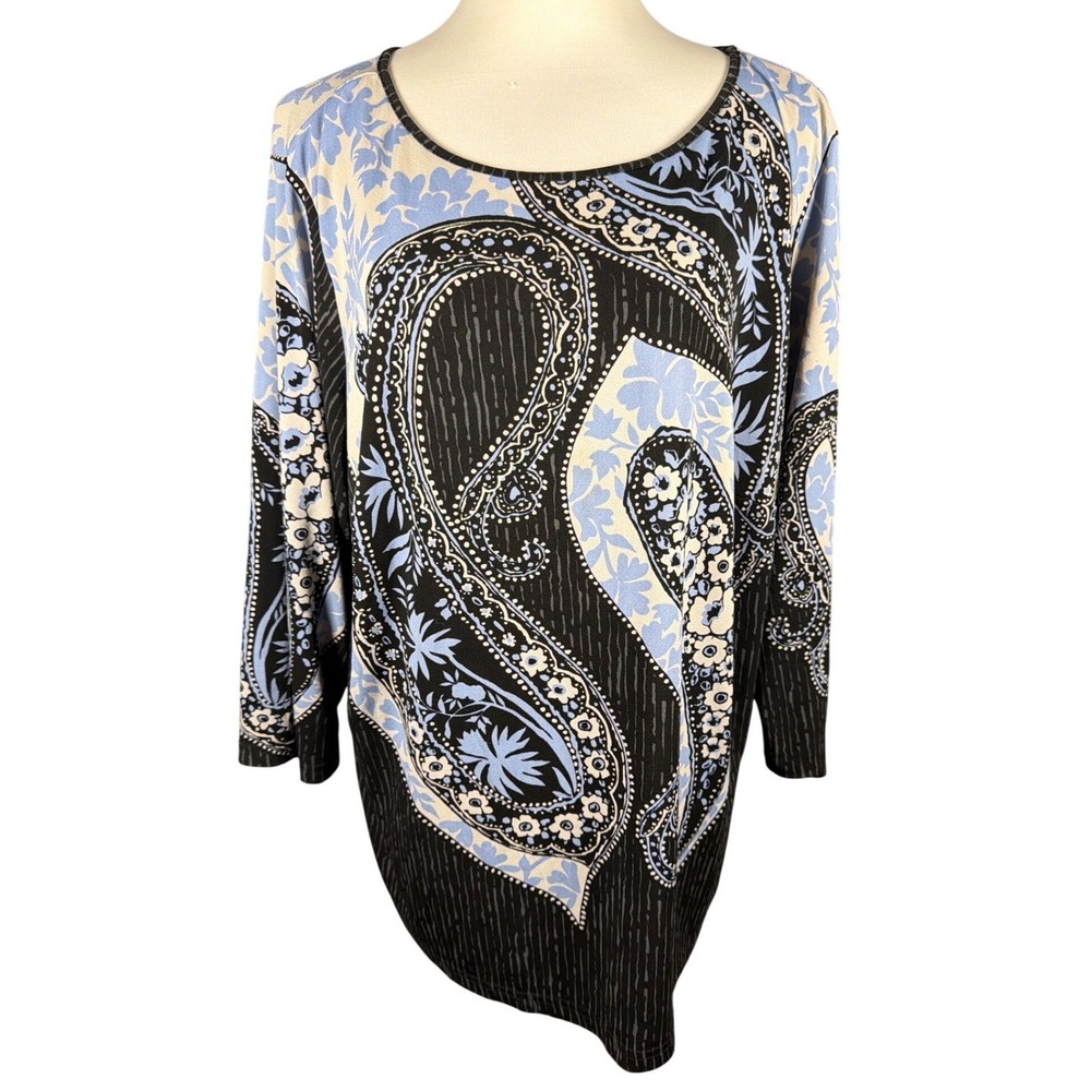 Bob Mackie Wearable Art Women 1X Paisley Tunic Top Black Blue 3/4 Sleeve Stretch